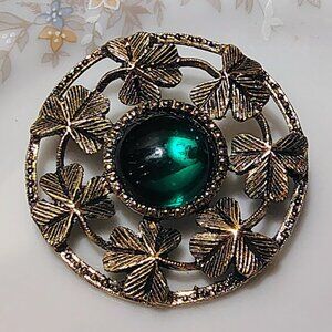 Vintage Green Lucite Brooch Gold Tone 3 Leaf Clover Irish Shamrock